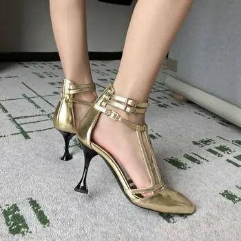 Дамски обувки, Златна римска обувки, нови обувки Baotou на Висок Ток, Обувки с профилирано обучение Ток и Катарама, Големи Размери, Кухи Сандали