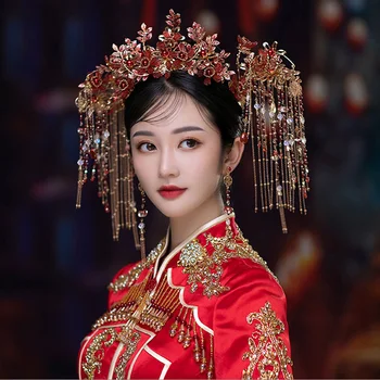 NiuShuya Класически Ретро Китайски Червено Цвете Короната За Косата На Булката Женски Прическа Сватбена Концерта Аксесоари За Коса