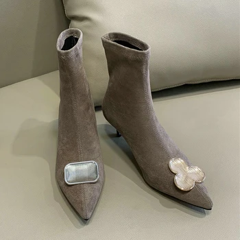 EshtonShero / Женски ботильоны; Дамски обувки на тънък средно ток от флока с остри пръсти; модни есенни женски мотоциклетни чорапи; Размери 3-9