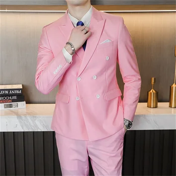 2021 Модни Нови За Мъже Ежедневното Бизнес Двубортный Комплект От 2 теми Мъжки Тънък Плътен Цвят Сватбени Сака д
