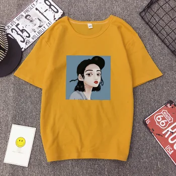Корейският Студент Карикатура Печат Женска тениска С Къс Ръкав Голям е Размерът на Свободна Риза Ретро Стил на Хонг конг Топ Лято Удобно