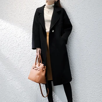 Зимна корейски стил безплатно вълна стил топъл плътен цвят черен костюм, яката на палтото