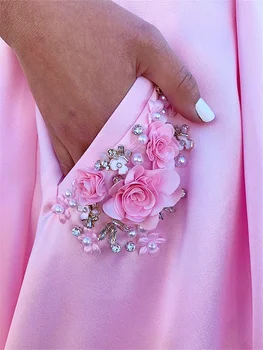 2020 Прости Рокли за бала Спагети Каишка Лъжичка Врата Трапецовидна форма на Цвете Мъниста Джобове Принцеса Розова Вечерна Рокля рокли на знаменитости