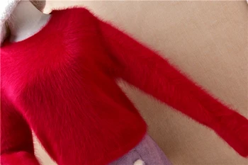дамски модни Коледа червена норки плетен кашмир с дълъг ръкав о-образно деколте и тънки блузи ангорски пуловер кожа жилетка пуловер топ