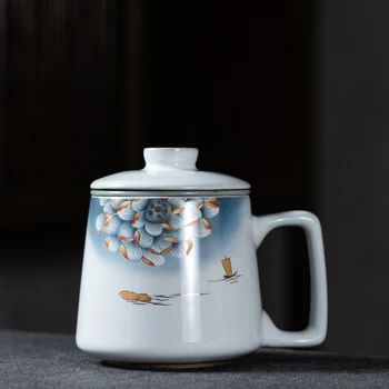 CHANSHOVA 400 мл китайски ретро стил Керамични чаена чаша С капак и филтър комплект от 3 теми Офис Кафе чаена чаша порцелан G185