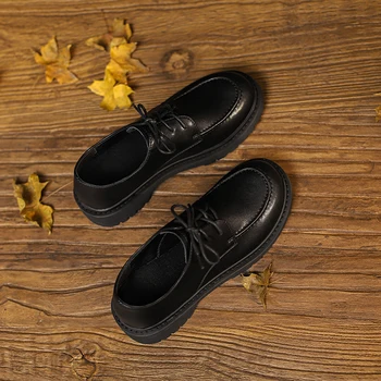 Дамски обувки-лодка 33-40 черен цвят От естествена Телешка кожа в Британския стил; лоферы Ръчно изработени с катарама; Обувки на среден ток в стил Ретро; Дамски Ежедневни обувки 2022