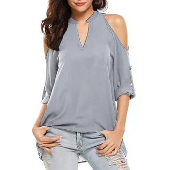 Мадам облекло OWLPRINCESS 2019 Однотонная тениска с V-образно деколте и открити рамене С Дълъг Ръкав Свободна шифоновая Жените Риза