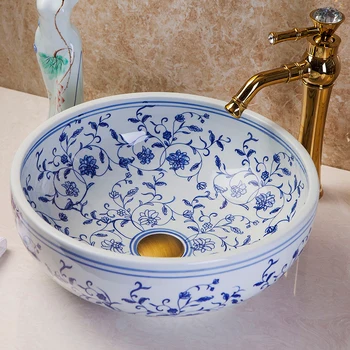 Цзиндэчжэнь ръчно боя занаят, сини и бели керамични баня мивка мивка