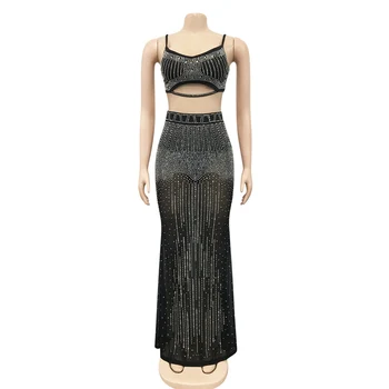 Plazson Чисто Mesh Sparkle Кристал Секси Clubwear Women Suit Halter Crop Top And Maxi Skirt Two-Piece Set Party Outfits Faldas