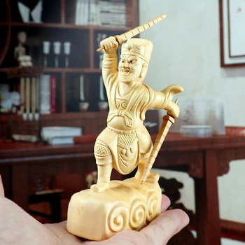 Кръжок по самшиту 12 см Масивна Дървесина Китайската Домакински Статуя на плавателни съдове Подаръци Джао Гунмин Фън шуй Бог на Богатството Скулптура Начало Декор