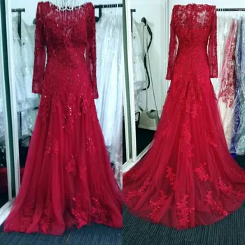 безплатна доставка 2020 Vestido De Madrinha Casamento De Червено Дантелено Вечерна рокля с дълъг ръкав за майката на булката