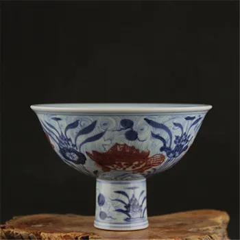 6 Античен MingDynasty висока порцеланова купа,синя и червена риба трева,ръчно рисувани занаяти,Украса,Събиране и украса,Безплатна доставка