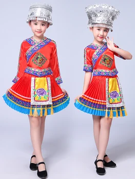 Китайски Народен Танцов Костюм Деца хмонг Китайските Национални Традиции Танцов Костюм Момичета Мяо Танцов Костюм Сценична Облекло Изпълнение