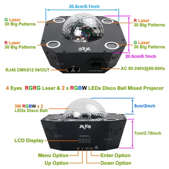 AUCD Remote 4 Eye 30 Big Patterns RGRG Laser Светлини Mix RGBW LED Диско Топка DMX Projector Lamp DJ Party Show Stage Lighting WQ35
