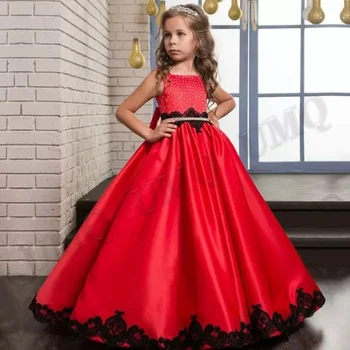Червено Атласное Принцеса Рокля с цветя модел За момичета, Черна Рокля с Аппликацией За Малки Деца, Костюми За Сватбени Партита, Vestido De Comunion