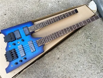 двойна безголовая електрическа китара, син арлекин фурнир, 4-струнен бас +6-струнен китара преносима безголовая електрическа китара